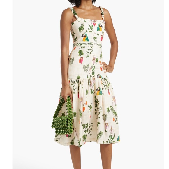 Agua by Agua Bendita Nispero Bouquet tiered printed linen midi dress size L - Picture 3 of 7